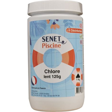 Chlore lent galet 125 g, pour piscine de 12 à 15m3 - Boite de 1Kg - SENET Piscine (1/3)