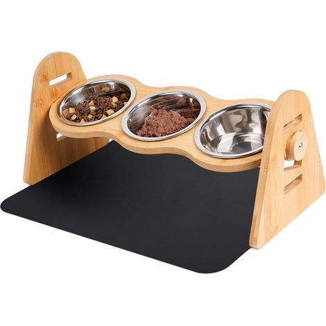 Gamelle pour Chien ou Chat à Hauteur réglable,4 hauteurs,300 ML chacune,séparation sèche et Humide,étagère en Bambou,Bol à Nourriture sèche,Bol à Nourriture Humide,Bol à Eau,avec napperon (1/5)