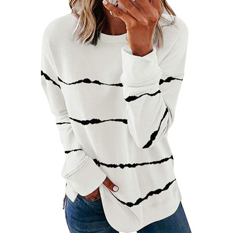 Sweat-shirt décontracté pour femme à col rond, imprimé tie-dye rayé, ample et doux, manches longues, pull-over (1/3)