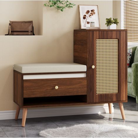 Scarpiera, 95,5x35x80,5 cm, colore legno noce, con ripiano per scarpe, cuscino, cassetti, ripiani aperti e un'anta di armadio (1/5)