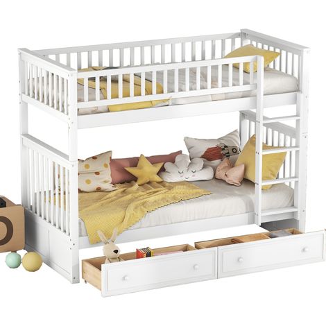 Lit superposé 90x200 cm convertible en deux lits séparés avec 2 tiroirs, bois de pin et MDF blanc, pour chambre enfant, gain de place  CHICFURN (1/5)