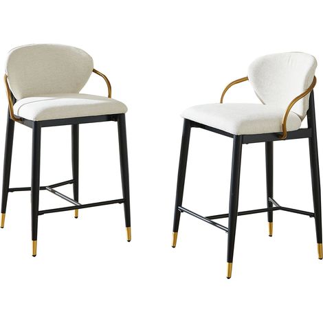 Pack de 2 taburetes de bar para isla de cocina y barra tipo bistró, altura regulable, tejido chenilla moderno con respaldo y reposapiés, beige (1/5)