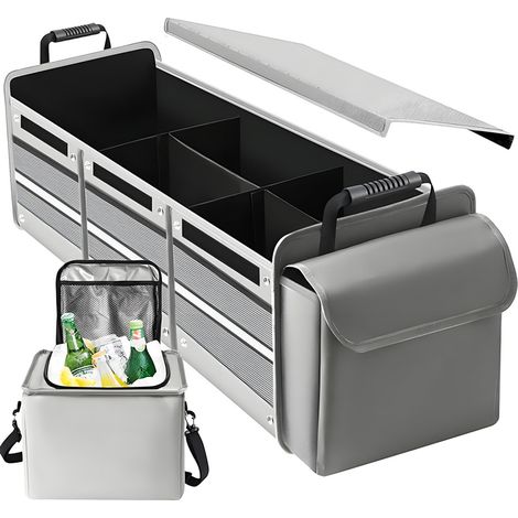 Organiseur de Coffre de Voiture Robuste Pliable Grand Volume 115L (Gris Argenté) : Avec Sac Isotherme Étanche, Couvercle, 3 Compartiments et Sangles, Adapté à Voiture, SUV, Jeep et Berline (1/5)
