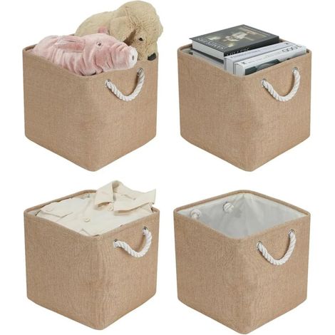 Ensemble de boîtes de rangement pliables en tissu kaki 30x30x30cm, grand format, pour vêtements, jouets et outils. Organisation de placard. (1/4)