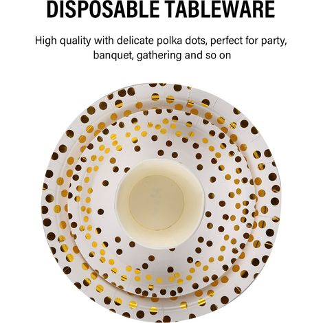 60 gobelets en papier (266 ml) + assiettes de 18 cm. Service de table jetable de 180 pièces (23 cm) avec assiettes rondes à pois dorés pour boissons, dîner et dessert. (1/5)