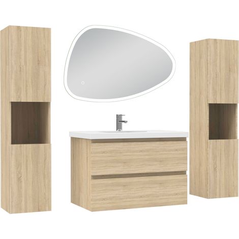 Acezanble ensemble meubles Salle de Bain 80cm colonne + vasque + miroir 3 couleurs lumineux Chêne Wotan