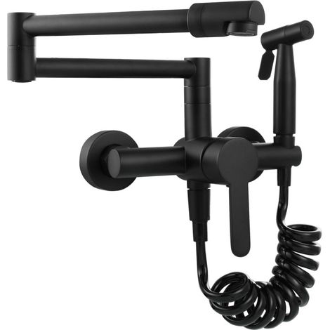 Robinet de cuisine pliable - Montage mural - Avec tube rotatif plié à 360° - Chaud et froid - Fonctionnement multifonction - Acier inoxydable 304 - Noir