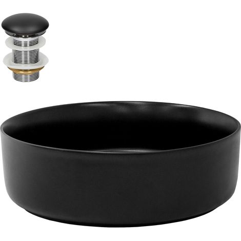 ML-Design Lavabo en Céramique Noir Mat, Ø 360x120 mm, avec Garniture de Vidage 1 1/4" Universelle, Design Ronde, Vasque á Poser Moderne, Évier Lave-Mains pour Salle de Bain, Toilettes et WC Invités (1/5)