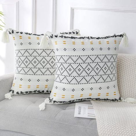 Housse Coussin - Tressé Noir avec Pompons - Pour Canapé Lit Salon - 45x45 cm - Lot de 2 (1/5)