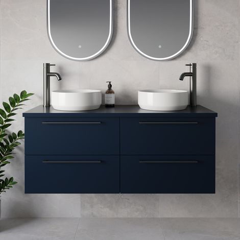 Napoli 460 Deep Blue 1200mm Wall Mounted 4 Drawer Vanity Unit for Countertop Basins - 1200mm - Gunmetal Grey 320mm Handle