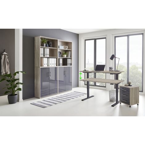 BMG Möbel Büromöbel komplett Set mit elektrisch höhenverstellbaren Schreibtisch Arbeitszimmer e-Dition in Eiche Sonoma/ anthrazit Hochglanz lackiert/ Gestell anthrazit