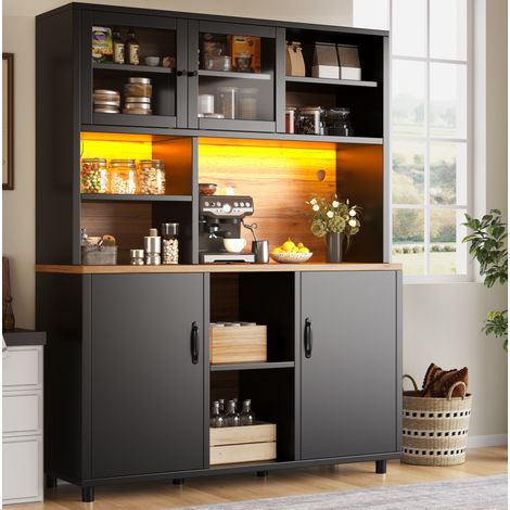 REDOM - Armadio da cucina 140x40x185 cm, illuminazione LED controllata tramite app, ripiani regolabili, ante scorrevoli in vetro, MDF nero (1/5)