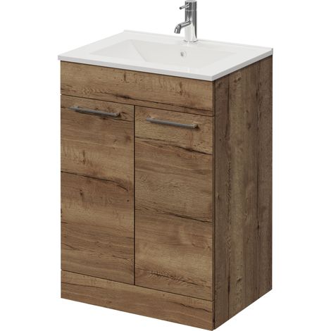 Napoli 460 Tobacco Oak 600mm 2 Door Vanity Unit with Angel Basin - 600mm - Chrome 160mm Handle