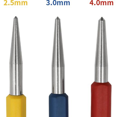 Pointeau de Centrage (3 pièces), Classe Professionnelle Haute Dureté, Pointe Burin Diamètre 2.5/3/4mm pour Perçage (1/4)