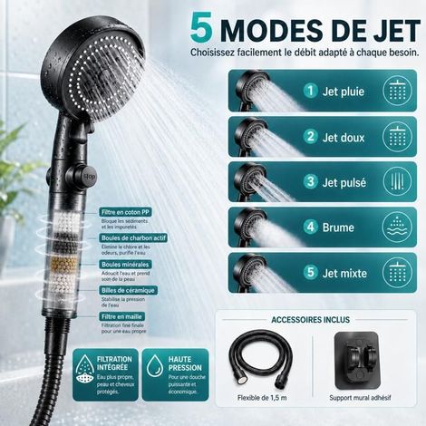 Pommeau de Douche Filtrant Haute Pression, 5 Modes, Bouton Stop Arrêt d'Eau, Anti-Calcaire, Économie d'Eau, avec Flexible 1,5M (1/5)