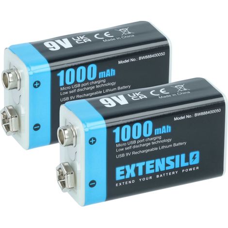 EXTENSILO 2x 9V-Akku Block kompatibel mit Daitem DC270, DC271, D21, DC272 (1 Ah, 9 V, Li-Ion), ready-to-use, mit Micro USB Buchse (1/4)