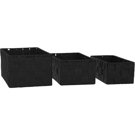 Lot de 3 Boîtes de Rangement – 22 x 15 x 11 cm, 21 x 13 x 9,5 cm, 19 x 11 x 8,5 cm – Paniers d’étagère carrés sans couvercle – aspect rotin tressé avec cadre en métal – Noir (1/4)