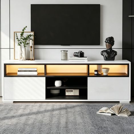 Meuble TV moderne laqué brillant 150x35x50cm, meuble bas avec LED, deux portes et 5 étagères ouvertes, adapté aux petits salons (1/5)