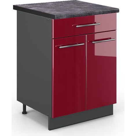 Mobiletto base per cucina Fame-Line, Rosso bordeaux lucido, 60 cm con cassetto, PL Antracite, Vicco
