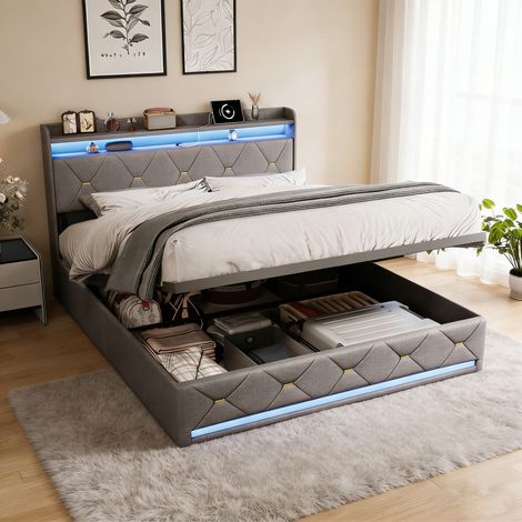 Lit Coffre 160x200cm avec Ports USB/Type-C,Lit Double 2 Place avec Tête de Lit LED,Cadre de Lit Adulte Adolescent avec Sommier,Tissu Velours,Gris (1/5)