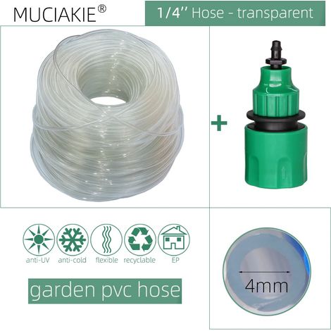 Tuyau d'arrosage transparent de 6,35 mm (1/4 po) et de 20 m (65,6 pi) avec raccord rapide pour micro-irrigation goutte à goutte. Tuyau en PVC neuf de 6,35 mm (1/4 po).