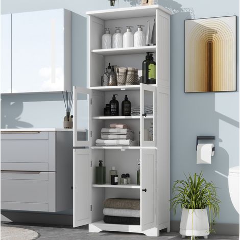 Colonna bagno in MDF bianco 57,5 cm con 4 ante, ripiani regolabili e vani a giorno (1/5)