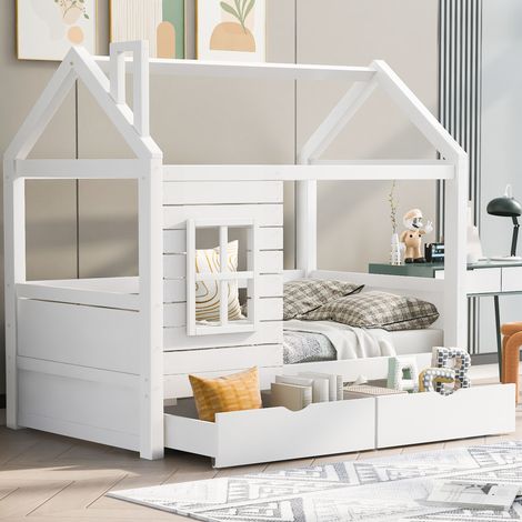Cama casita infantil 80x160 cm de pino blanca con cajones, ahorra espacio, sin colchón – MEUBLIV (1/5)