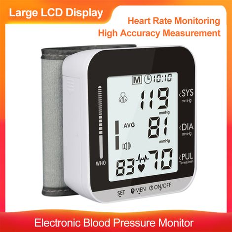 Tensiomètre électronique de poignet avec détection de la fréquence cardiaque, sphygmomanomètre entièrement automatique, appareil de mesure de la pression artérielle à écran LCD numérique.