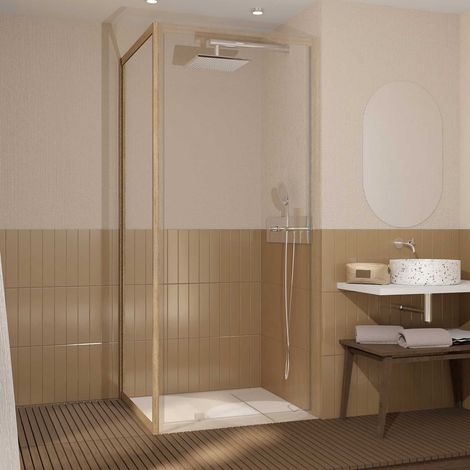 Mampara lateral fija 80x200 cm - Perfiles de Aluminio Madera - Vidrio 6mm