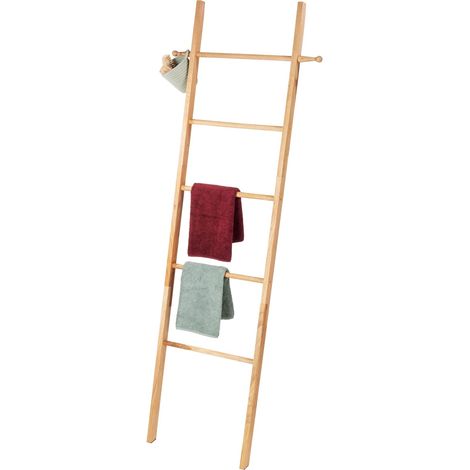 GROOFOO Towel Rack, Scandi style towel/clothing rack, 5 towel rails and 2 hooks, can be positioned as required, Solid Walnut, 43x170x4cm (1/5)