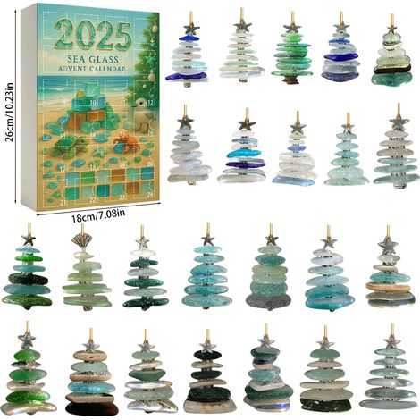 Calendrier de l'Avent en forme de sapin de Noël, style verre de mer, boîte surprise, 24 décorations plates en acrylique à suspendre, coffret cadeau pour le compte à rebours de Noël (1/5)