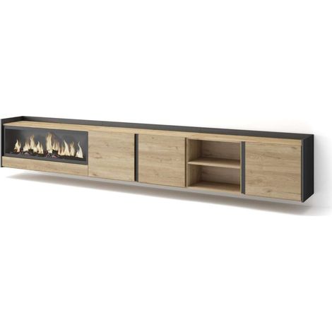 Mueble TV Cajiz-02 de 315x50x35 cm con chimenea eléctrica XXL y luces LED, suspendido, color roble y negro (1/4)