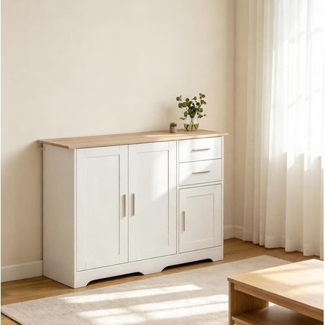 Mueble de almacenaje con puertas y cajones, blanco y efecto madera natural OKMYHOME (1/5)
