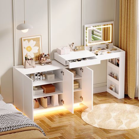 Coiffeuse d’angle pivotante avec miroir LED 100x40x80 cm, rangement 3 portes, bureau, blanc brillant (1/5)