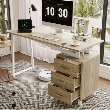 Schreibtisch 130x55x75 cm Naturholz und Weiß aus MDF mit 3 Schubladen und stabilem Stahlrahmen (1/5)