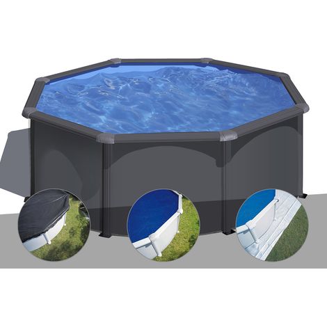 Kit piscine acier gris anthracite Gré Louko ronde 3,20 x 1,22 m + Bâche d'hivernage + Bâche à bulles + Tapis de sol