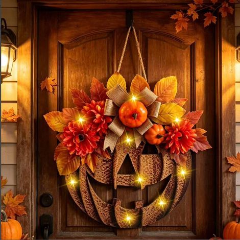 Couronne porte automne citrouille bois LED, visages fantômes, décoration extérieure entrée (1/5)