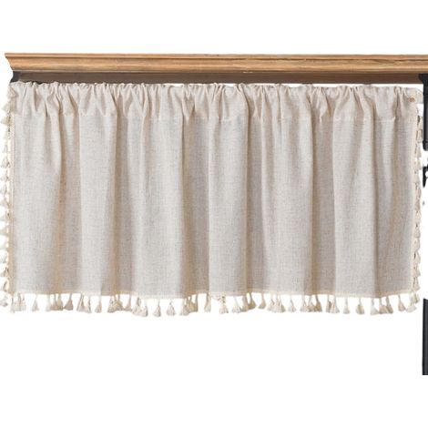 Rideau Courte - Rideau Bistro Opacifiant Beige - Style Bohème avec Pompons - Pour Cuisine Salon Chambre - 1 Pièce (1/5)
