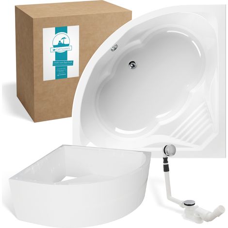 Calmwaters® Eckbadewanne Komplettset 150x150 cm mit Wannenträger, Acrylwanne Curved Wellness, Ab- & Überlaufgarnitur, Duowanne für 2, Sitzbadewanne, Set Sitz-Badewanne komplett, Weiß, 99000091