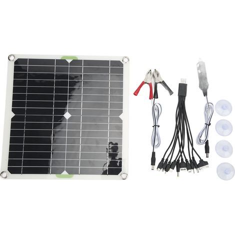 Panneau Solaire 200W Monocristallin avec Clip Batterie et Allume-Cigare Câble, Harnais USB 10en1, Imperméable pour Camping-Car Voiture Bateau (1/5)