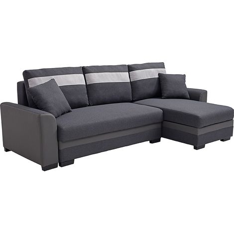 Vente-Unique – Canapé d'angle convertible réversible 4 places en tissu et simili gris anthracite – Dossier déhoussable – 2 coffres de rangement