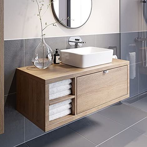 Bathroom Oak Wall Hung Vanity Unit and Basin Sink Cabinet Storage 1100mm Shelving Unit with 480mm Rectangular White Basin (1/5)