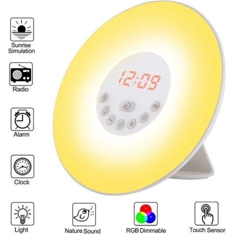 Réveil Enfant Soleil Réveil Sunrise 7 Couleurs Tactile Veilleuse LED Réveil - Alimenté par usb - Radio FM (1/4)
