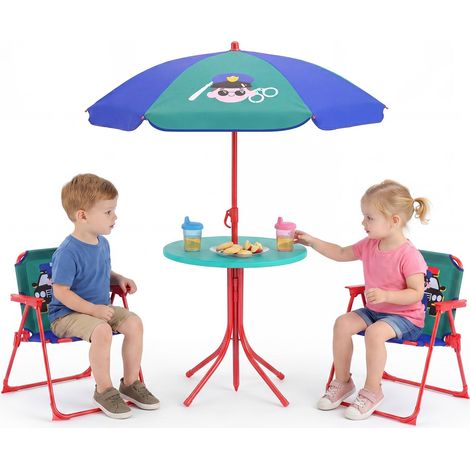 COSTWAY Salon de Jardin Extérieur Enfant 4PCS avec Parasol Réglable Ø103,5cm, Motif Police, Table Enfant avec Chaises Pliables, Table Extérieur pour Jardin Terrasse Patio, Charge 30/25kg, 3-6 Ans (1/5)