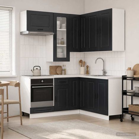 Unité de cuisine KALMAR 8 pièces noire en bois d’ingénierie avec meubles hauts, bas réglables et fixation murale (1/5)