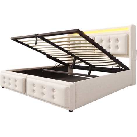 Letto contenitore 140 x 200 con testiera LED e porte USB C beige MODENUIT (1/5)