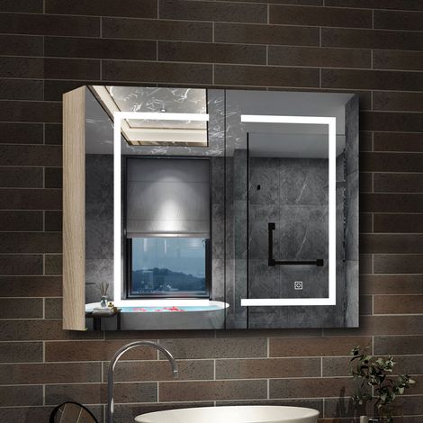 AICA Armoire murale de salle de bain LED, 80x70cm avec Prise Rasoir, Anti-Buée, Tricolore LED, 2 Étagères Réglables, Chêne (1/5)