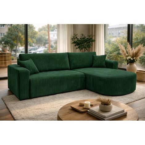 Canapé d'Angle réversible convertible avec fonction de couchage coffre universel en velours côtelé vert bouteille Kimo XL (1/5)