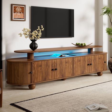Mueble tv 180x40x48 cm para salon retro - bajo tv nogal con led y 6 puertas correderas y batientes - aparador bajo de mdf con patas de bola en madera maciza (1/5)