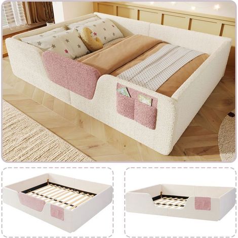 Lit double - SOGEU - 140 x 190 cm - Velours beige - Barrières sécurité amovibles - Poche de rangement (1/5)
